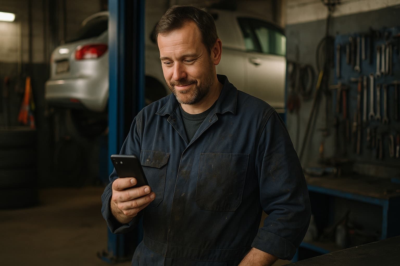 Bilmekaniker använder mobilen i verkstaden